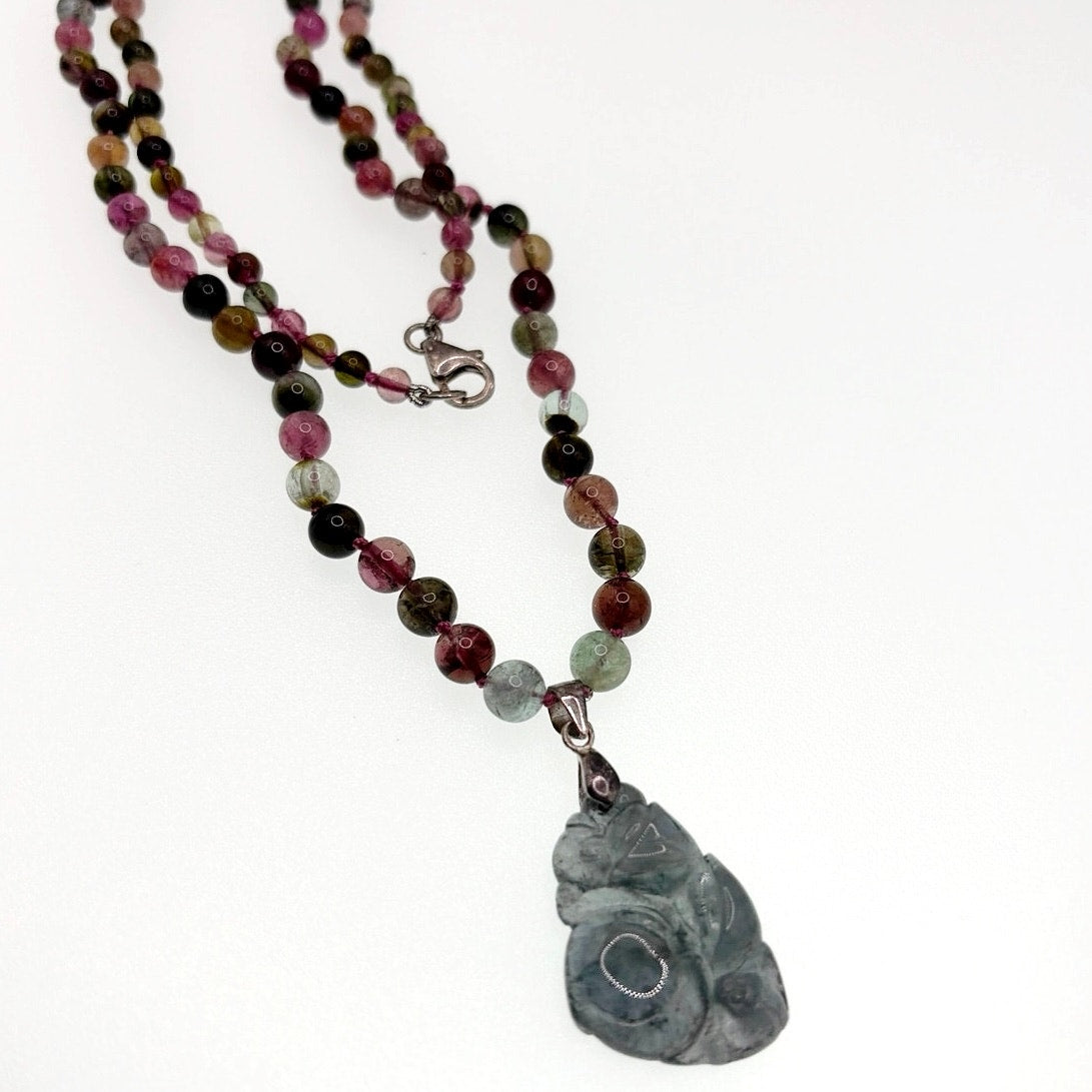 Large Tourmaline 24” Necklace With Carved Stone Pendant and Sterling Closure