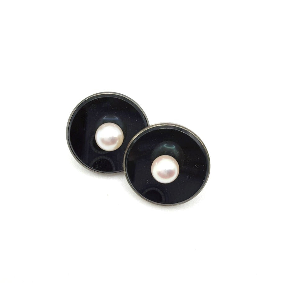 Mikimoto Vintage Sterling Silver Cufflinks & Shirt Stud Set Onyx Pearl Art Deco