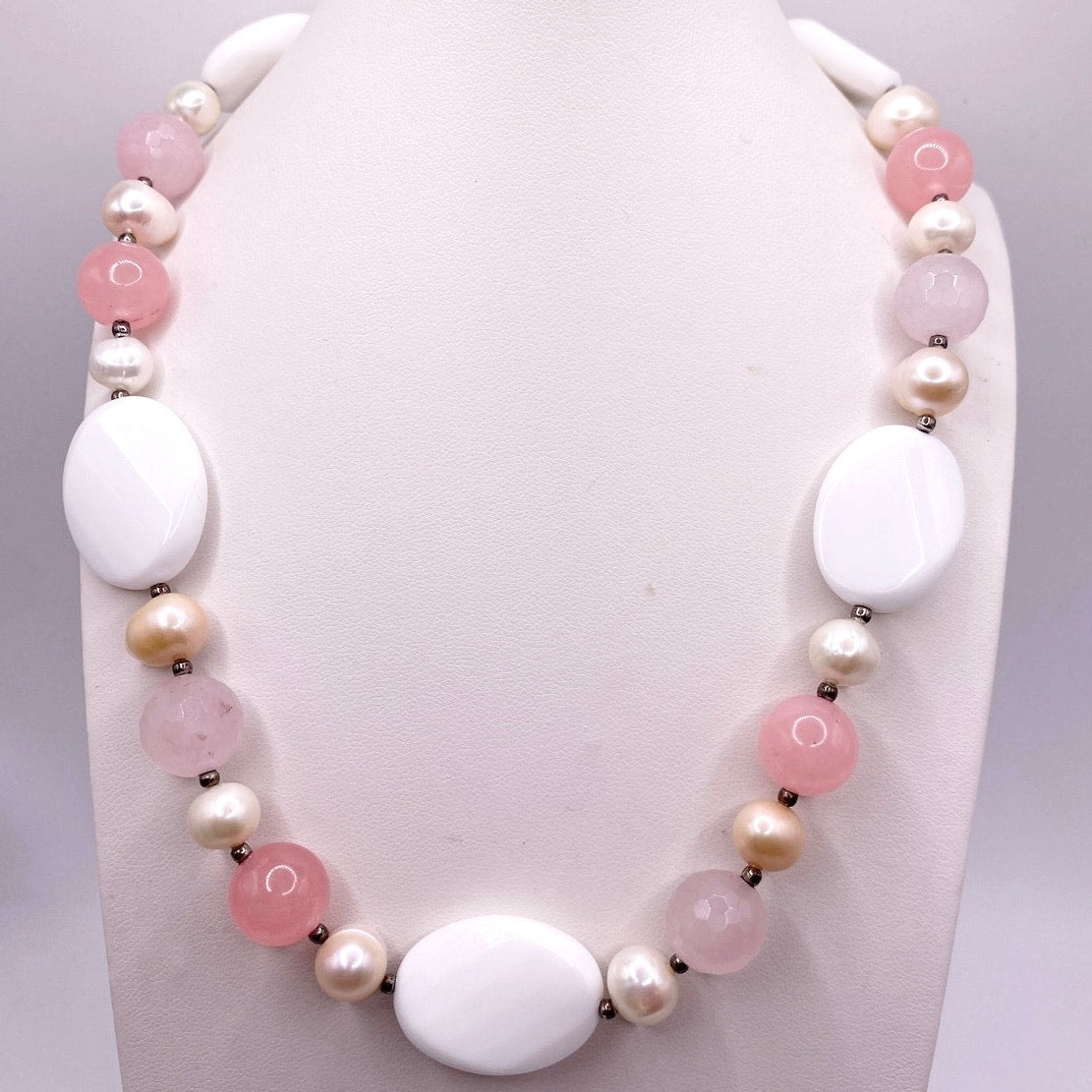 Vintage Handmade Necklace Rose Quartz and White Calcedony 16”