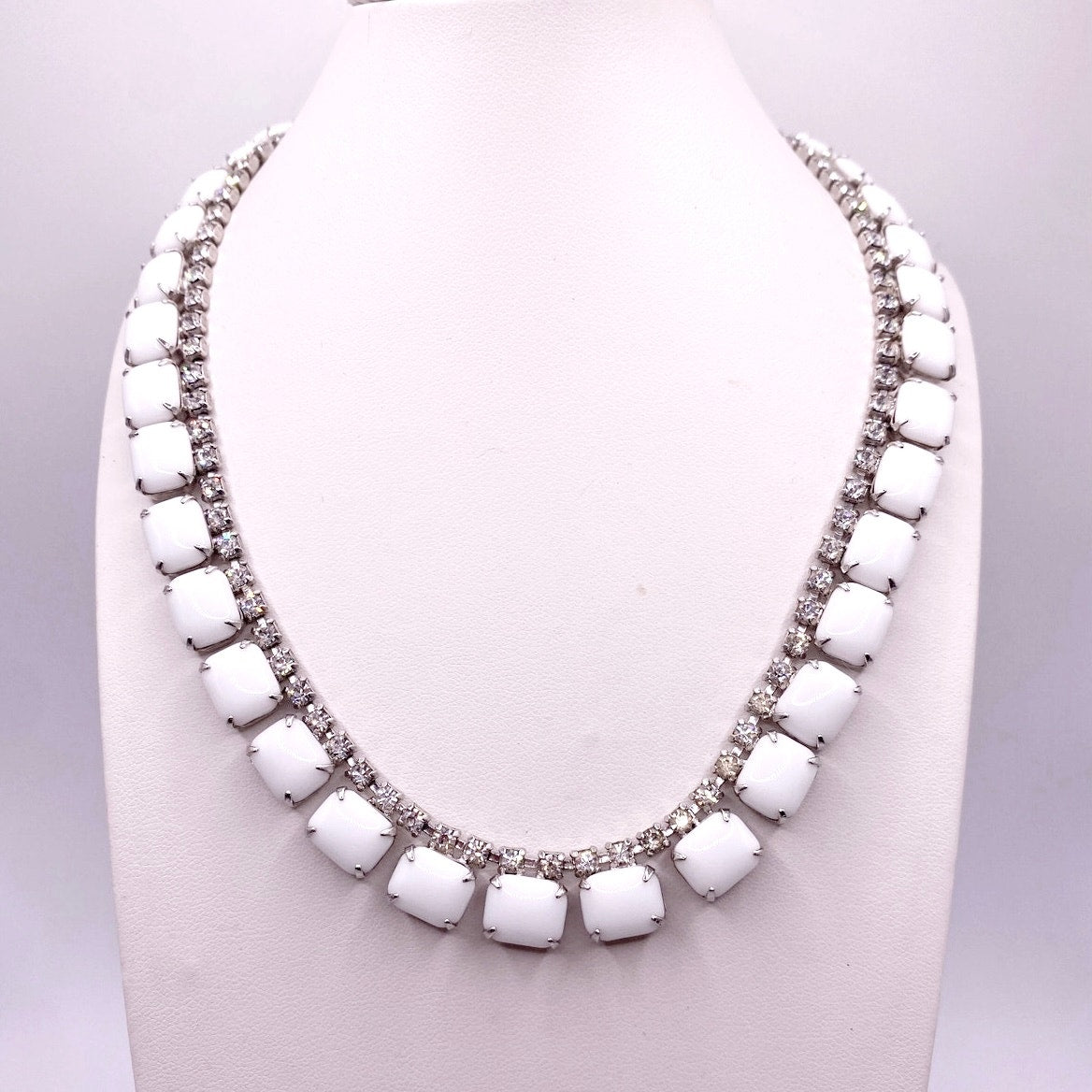 Delicate Vintage Milk Glass and Rhinestones Necklace 16”