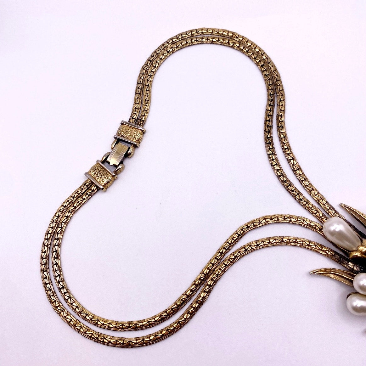 Ravana Vintage Faux Pearl Floral Bouquet Double Chain Necklace 18"