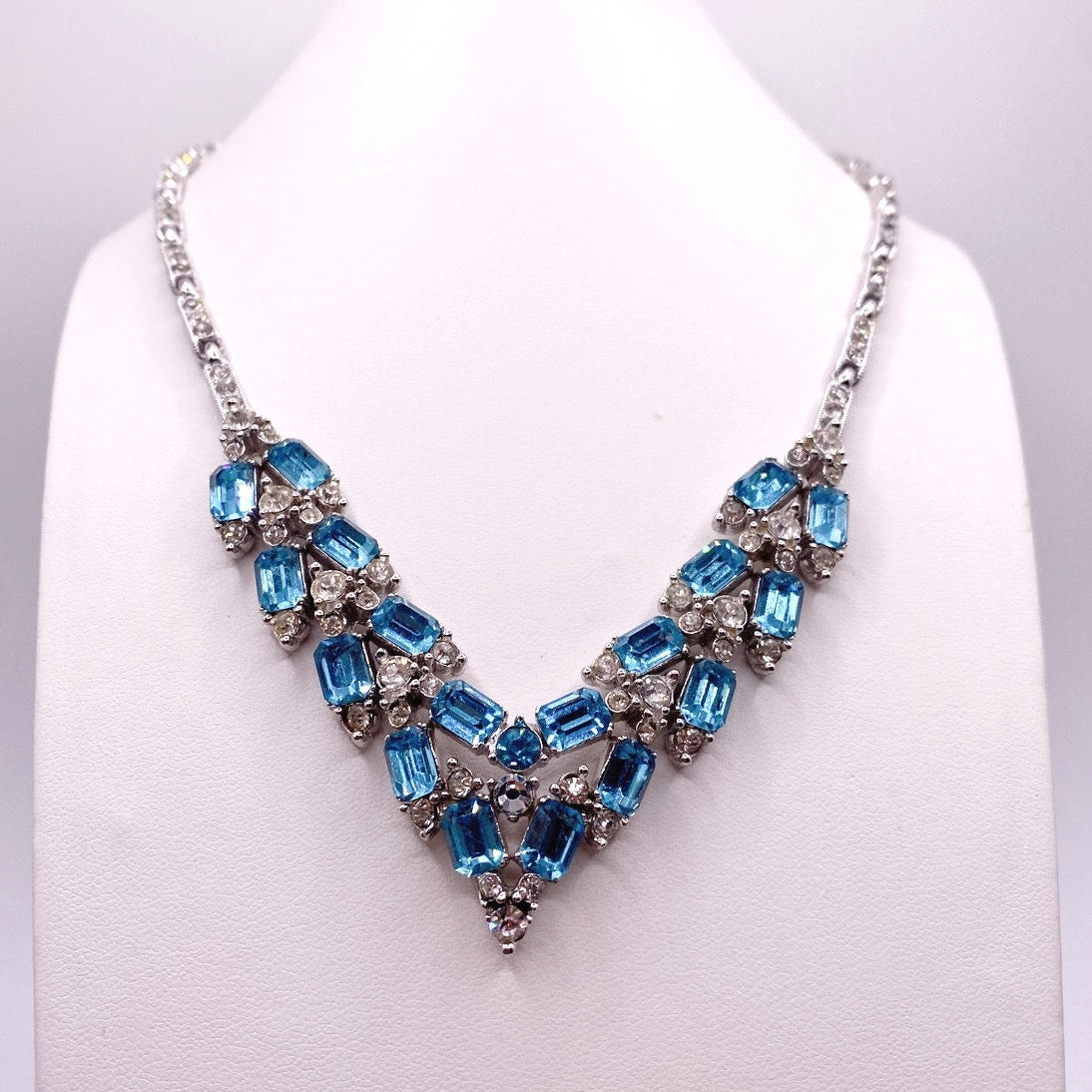 Bogoff Signed Vintage Necklace with Blue and White Rhinestones