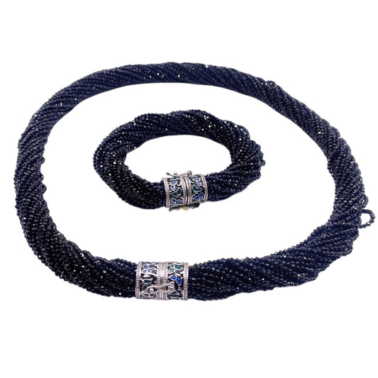 Black Onyx Seed Beads Spinel Necklace and Bracelet Set Sterling Silver Closure