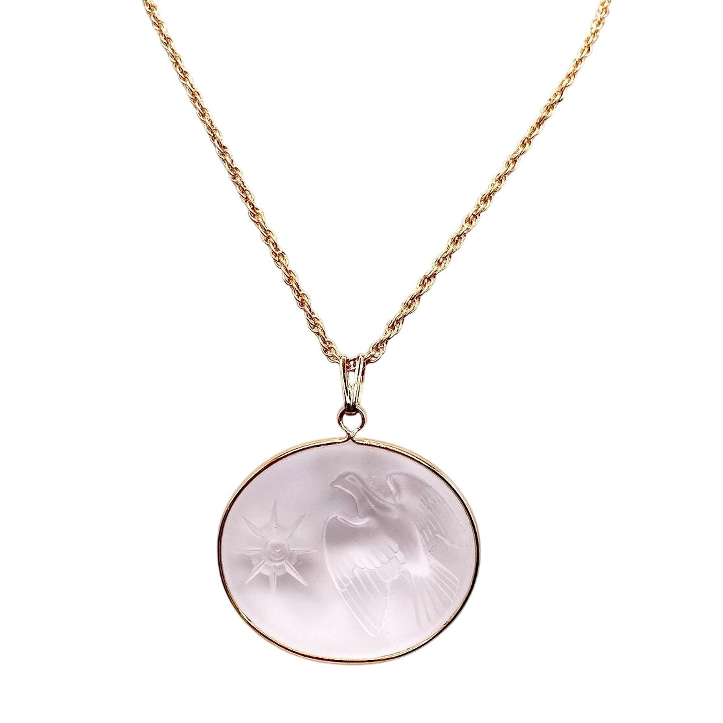 Nina Ricci Lalique Frosted Glass Peace Dove with Star Pendant Necklace Gold Tone