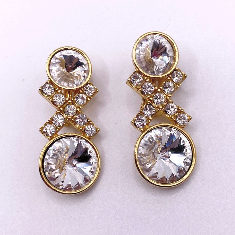 Vintage Clip On Earrings Ravioli White Stones and Rhinestones Gold Tone