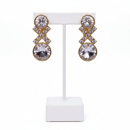 Vintage Clip On Earrings Ravioli White Stones and Rhinestones Gold Tone