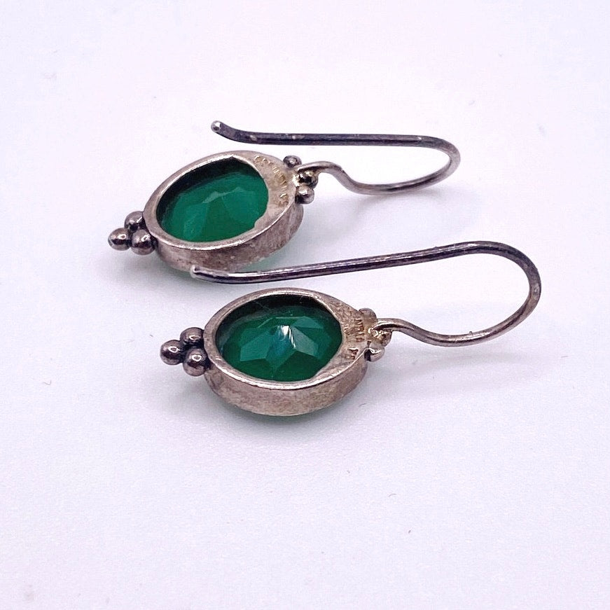 Vintage Sterling Silver And Green Onyx Hook Earrings