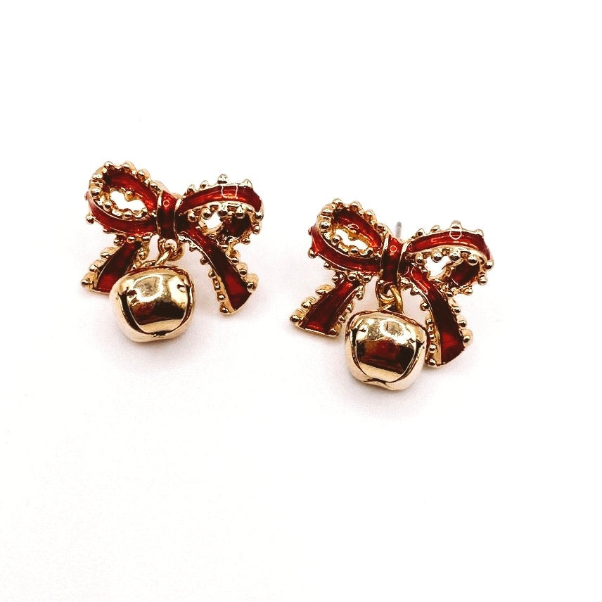 Vintage Red Enamel Bow Earrings with Dangling Bell