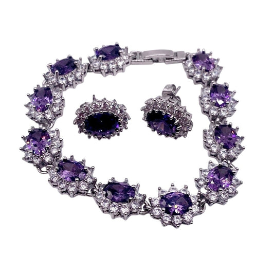 High Quality Rhodium and Silver Plated Bracelet and Studs Earrings-Lab Amethyst