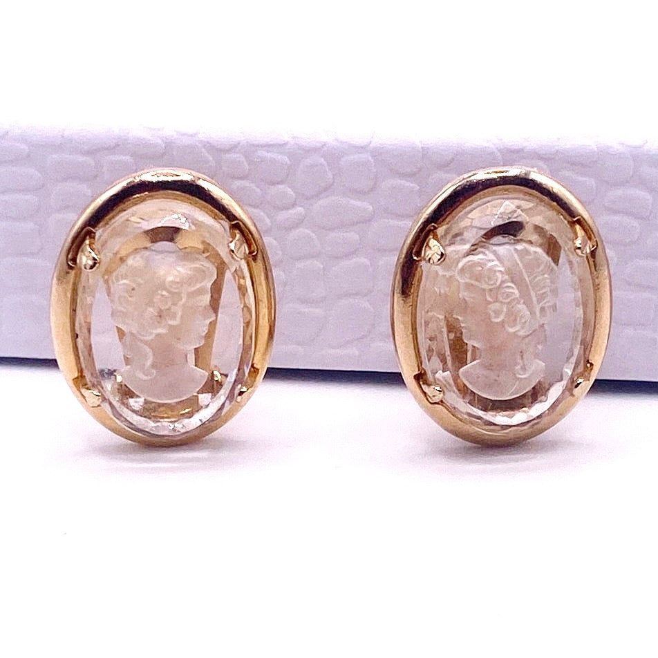 Warner Vintage Clip On Earrings Glass Intaglio Reverse Cameo
