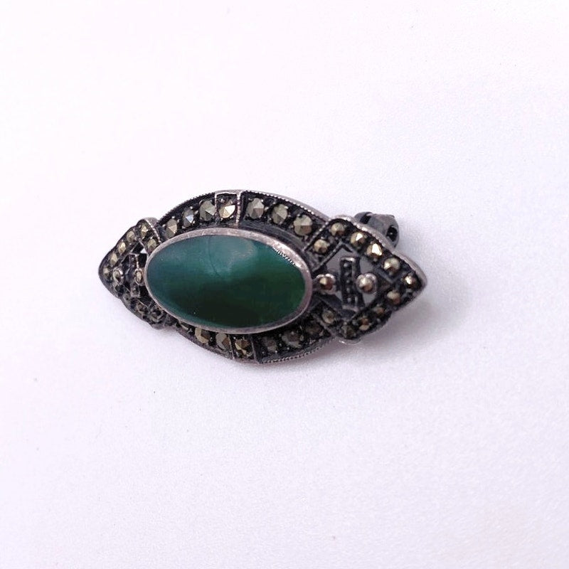 Art Deco Sterling Silver and Green Agate Brooch With Marcasite
