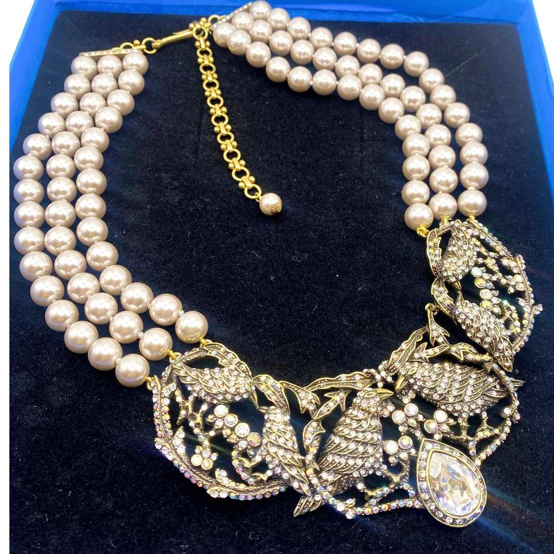 Hedi Daus Vintage Statement Necklace with Faux Pearls and AB Rhinestones Birds Motifs