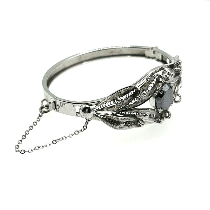 Sorrento Sterling Silver Hematite Filigree Hinged Bangle Bracelet 7”