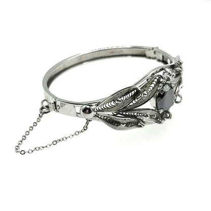 Sorrento Sterling Silver Hematite Filigree Hinged Bangle Bracelet 7”