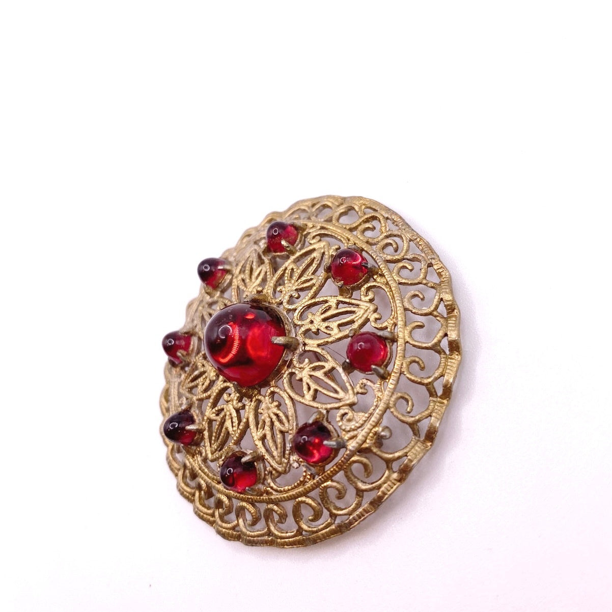 Vintage Filigree Gold Tone Brooch Molded Red Glass 2”