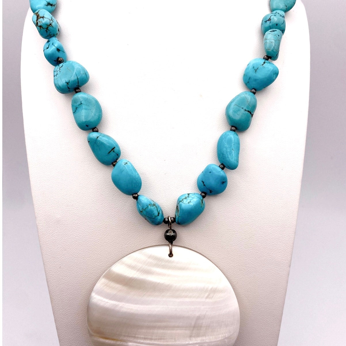 Turquoise and Sterling Silver Vintage 16" Necklace with Large Shell Pendant 2"