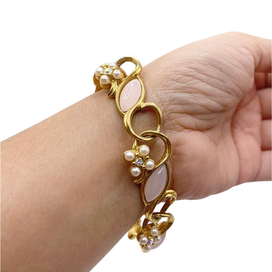 Crown Trifari Vintage Bracelet Pink Lucite Stone and Faux Pearl 7”