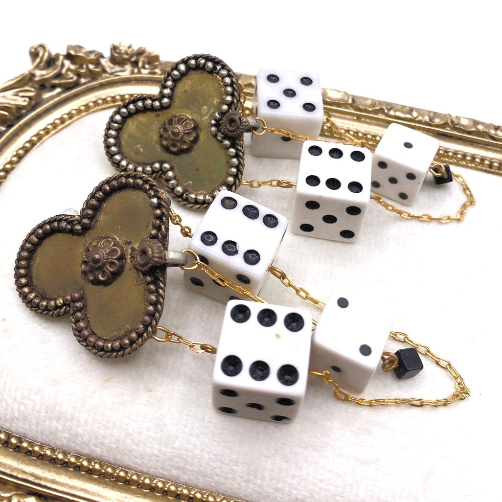 Vintage Brass and Resin Dice Handmade Statement Clip On Earrings 80s Style