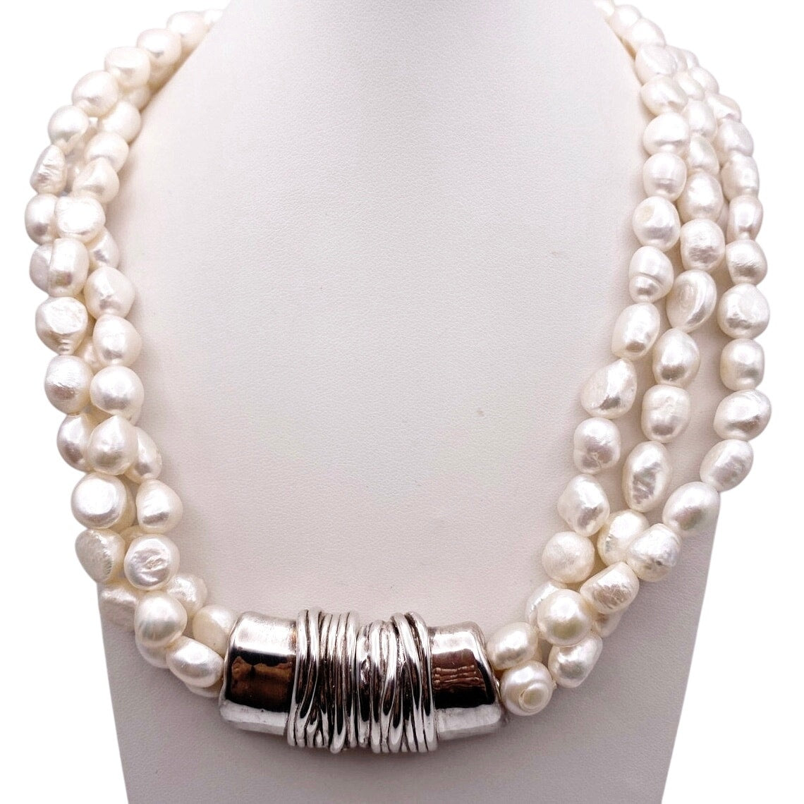 Sterling Silver and Three Strands Fresh Water Pearls Necklace 16” Made In Israel