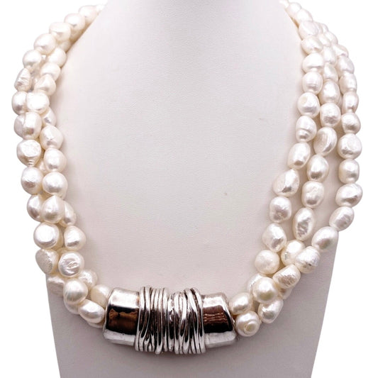 Sterling Silver and Three Strands Fresh Water Pearls Necklace 16” Made In Israel