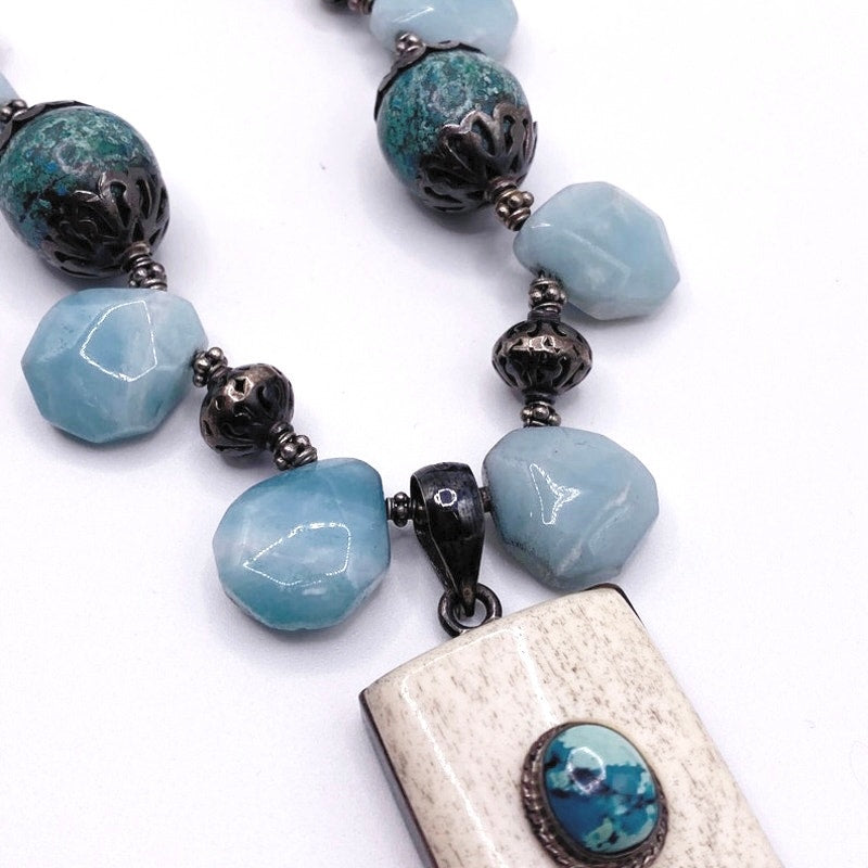 Sterling Silver and Gemstones Necklace, Amazonite, Turquoise and Bone Pendant