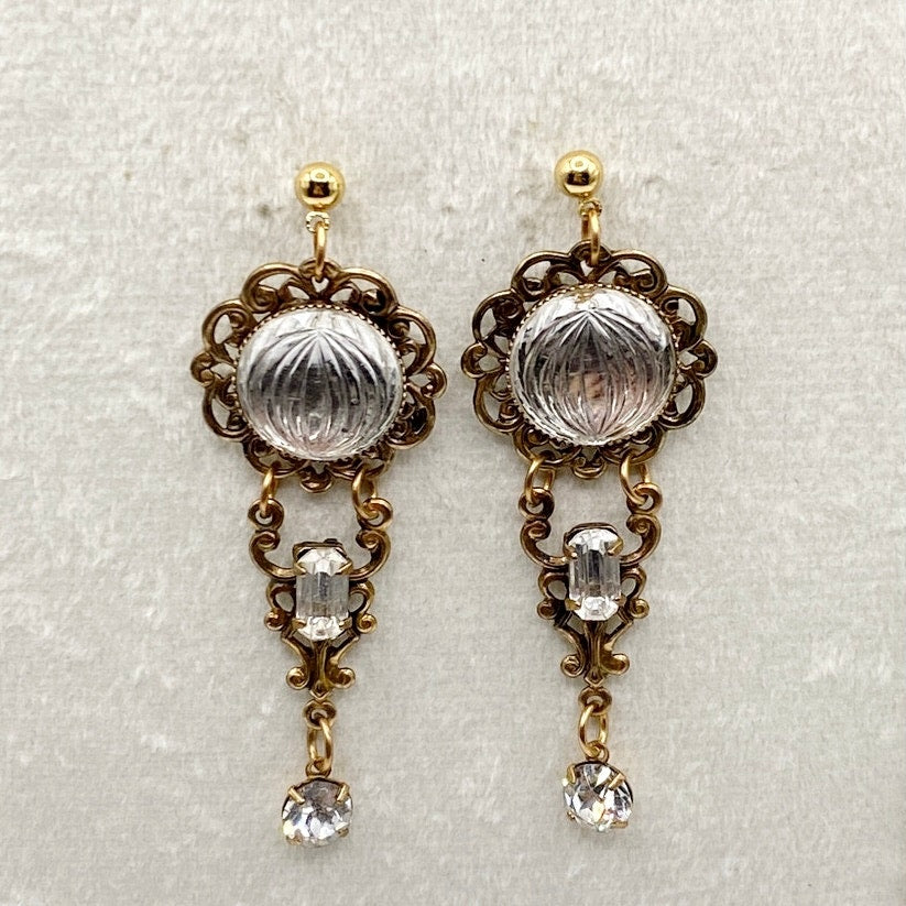 Vntg Dangling Earrings Filigree Brass with White Rhinestones and Glass Stones