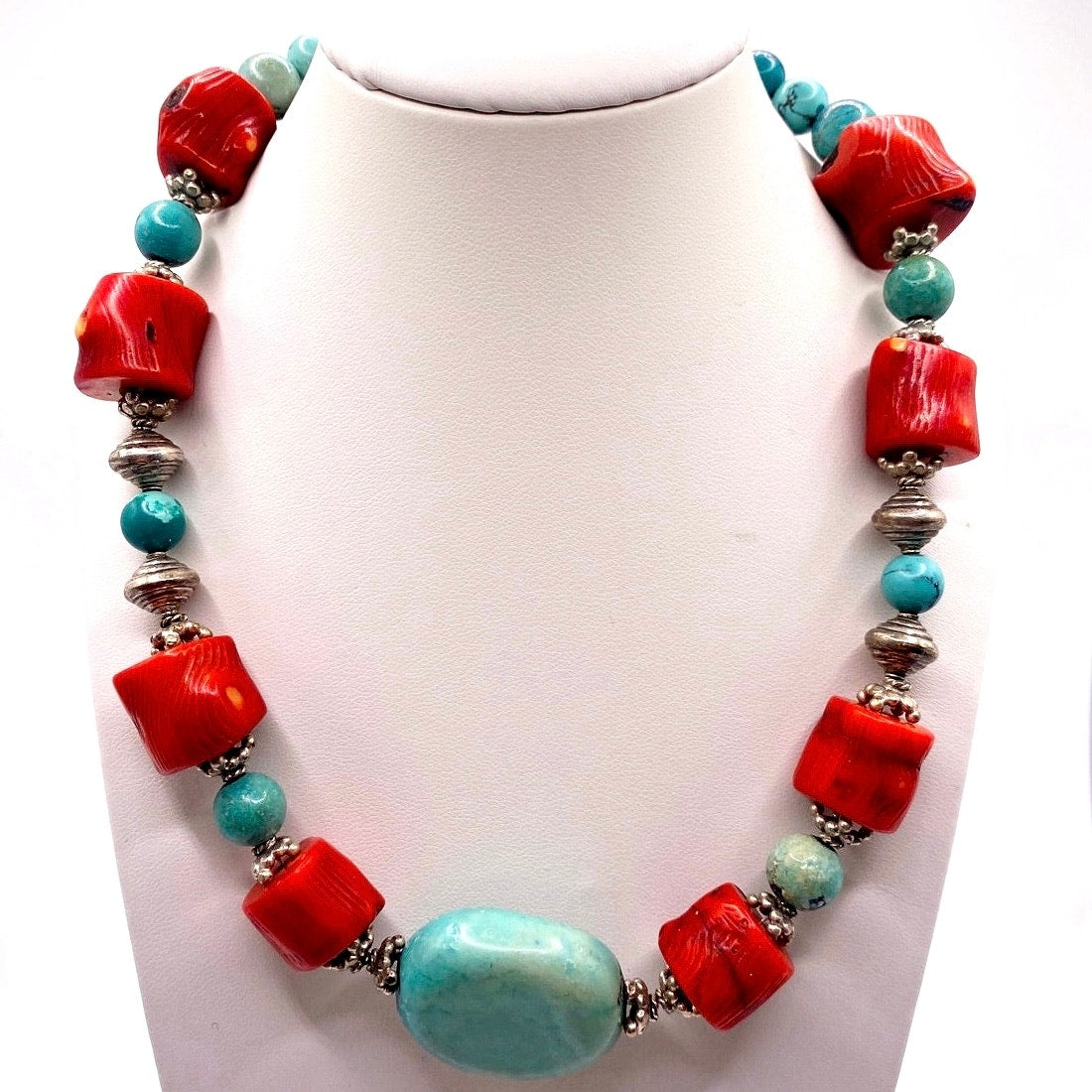 Sterling Silver Turquoise and Red Coral Choker Necklace 15”