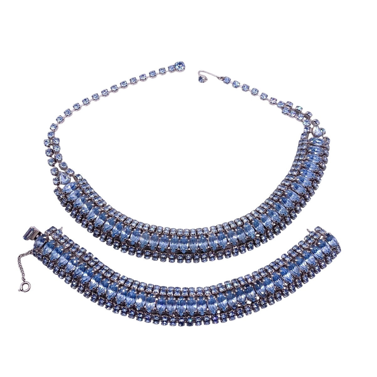 Sapphire Blue Rhinestones And Silver Tone Vintage Necklace and Bracelet Set