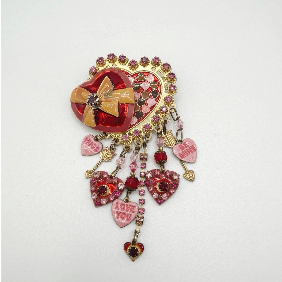 Lunch At The Ritz Pink Valentine Heart Vintage Brooch with Dangling Charms