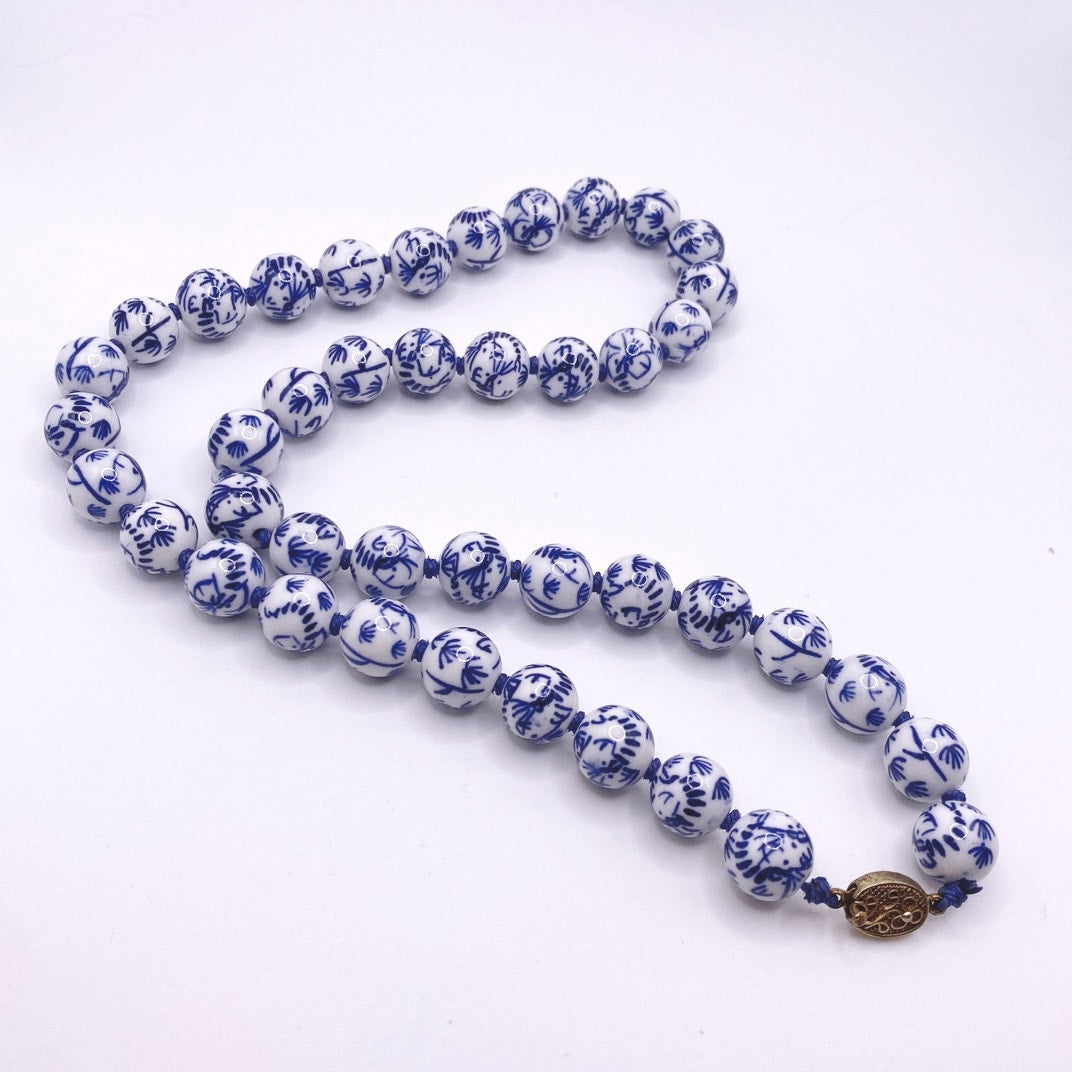 Vintage Chinese Necklace Hand Painted Blue and White Porcelain Beads 22”