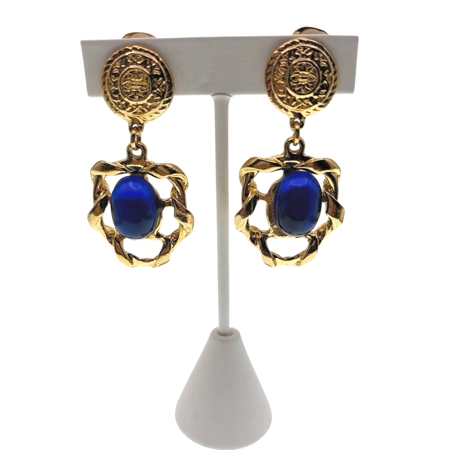 Vintage Gold Tone and Blue Glass Stone Clip On Earrings