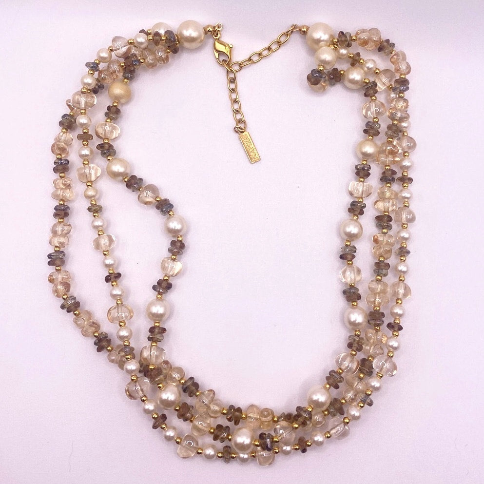 Napier Signed Three Strands Necklace Faux Pearls and Quartz Beads