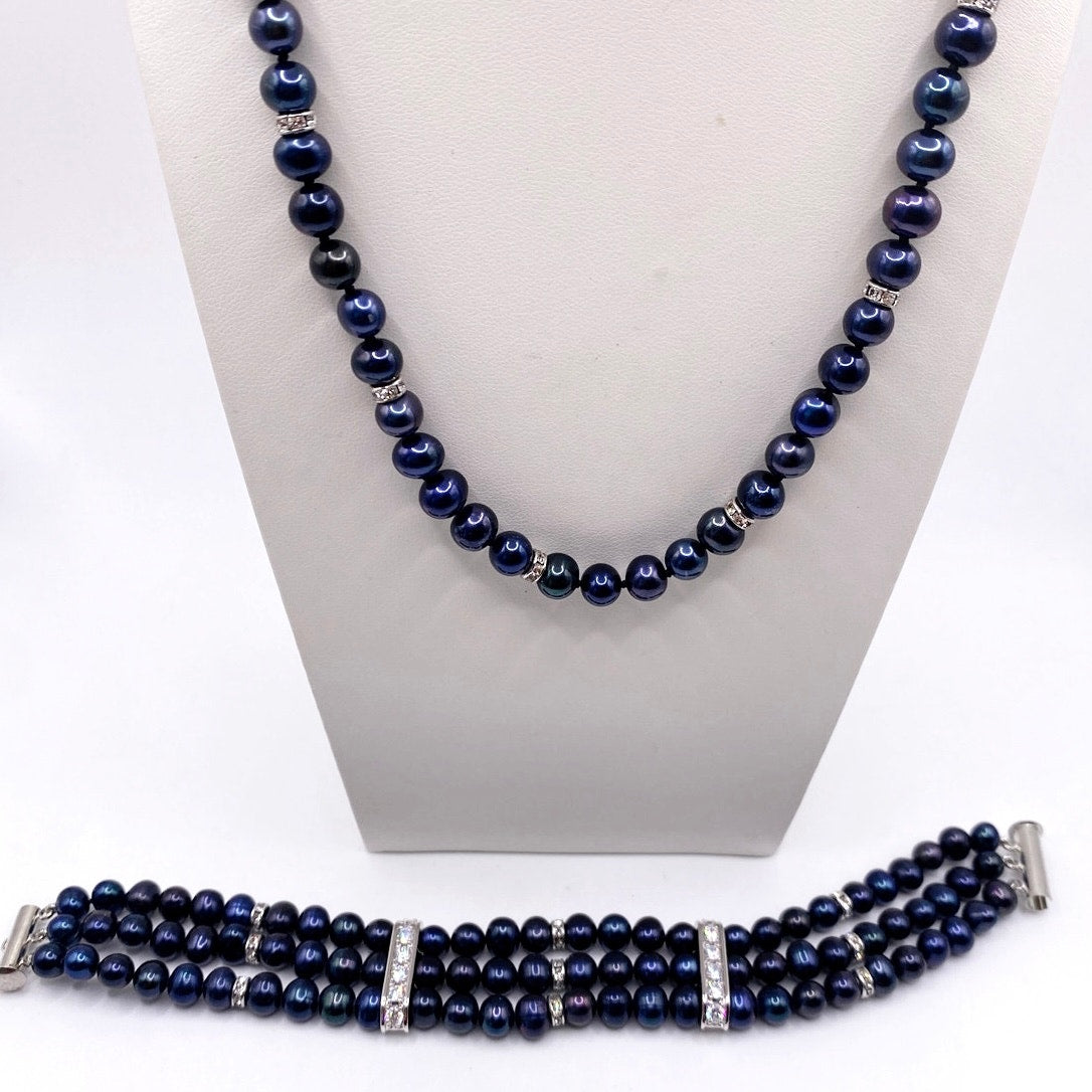 Danbury Mint Midnight Spell Cultured Pearls 925 Silver Set Bracelet and Necklace