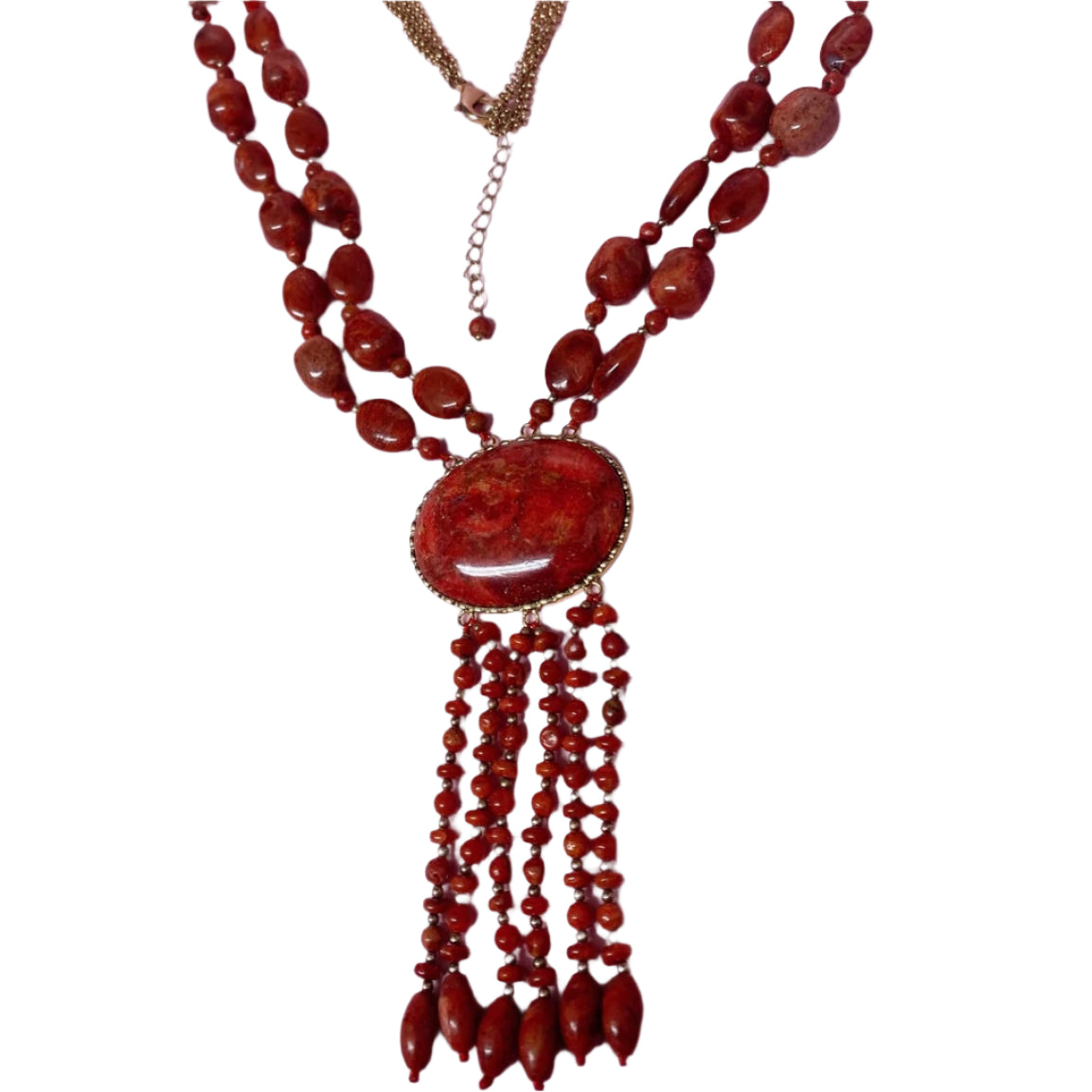 Vtg Art Deco Red Sponge Coral Tassel Necklace