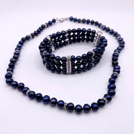 Danbury Mint Midnight Spell Cultured Pearls 925 Silver Set Bracelet and Necklace