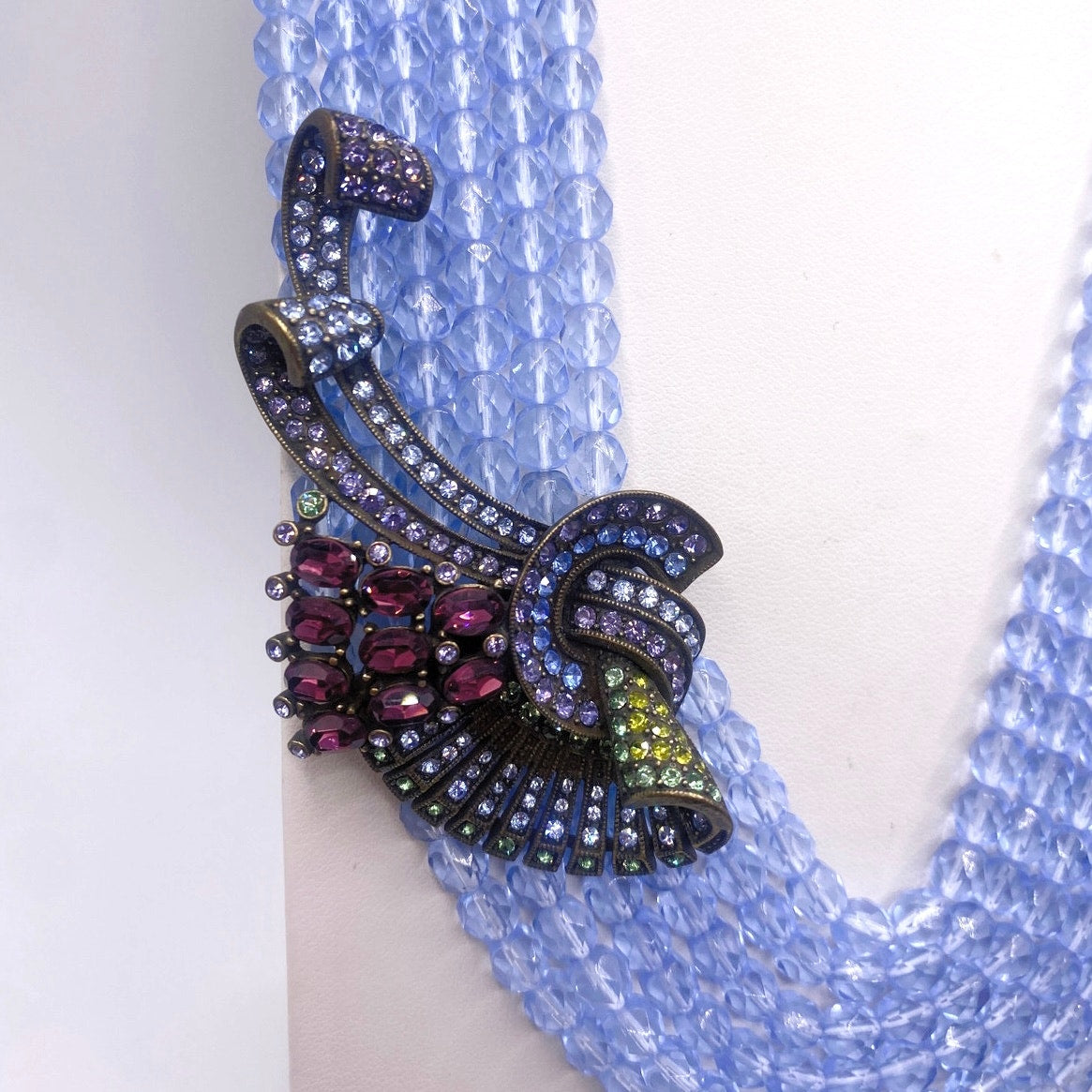 Heidi Daus Signed Sapphire Blue Glass Vintage Multistrand Necklace 16”