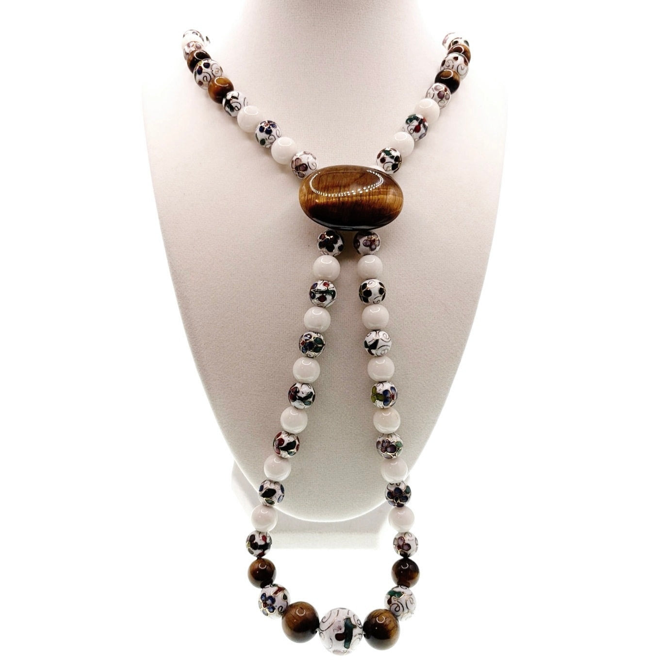Jadeite Cloisonné and Tiger Eye Vintage Chinese Necklace 36”