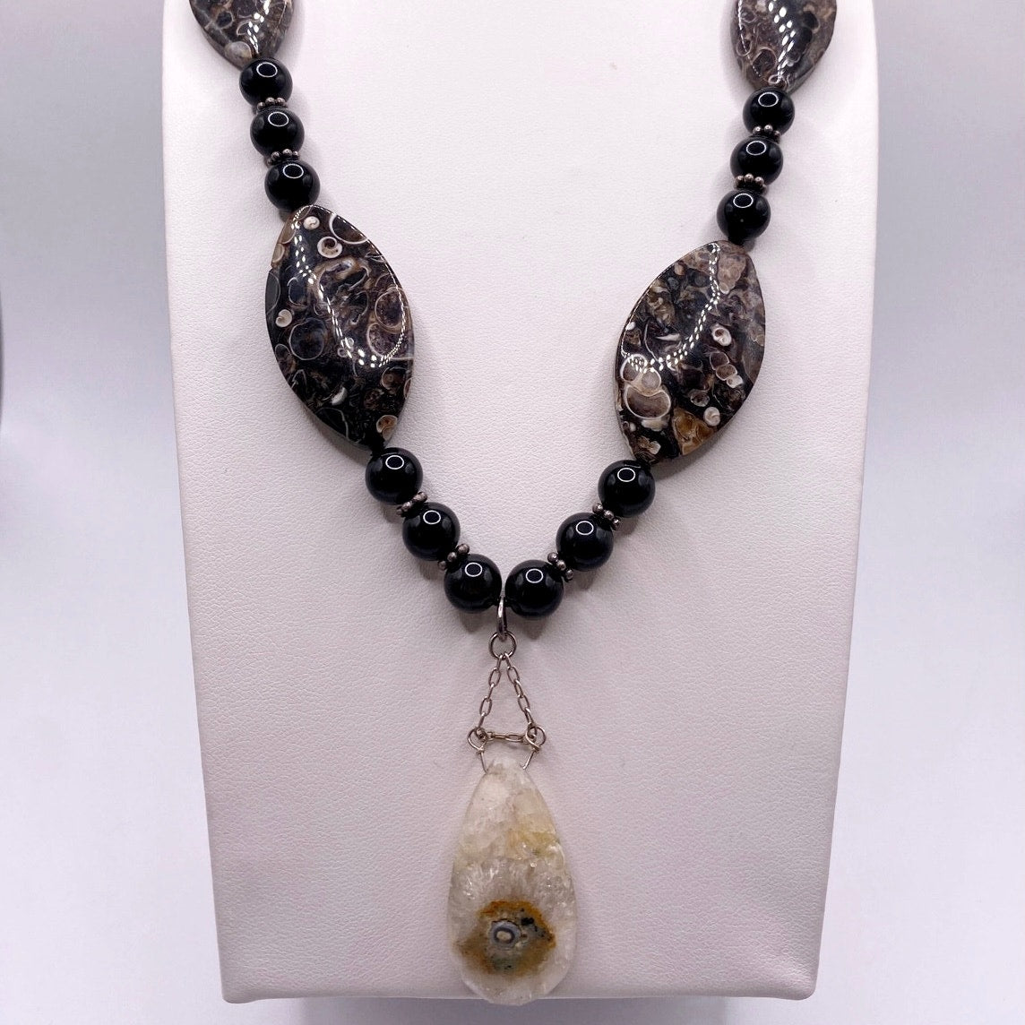 Turritella Fossil and Lace Onyx Beaded Necklace with Solar Quartz Pendant