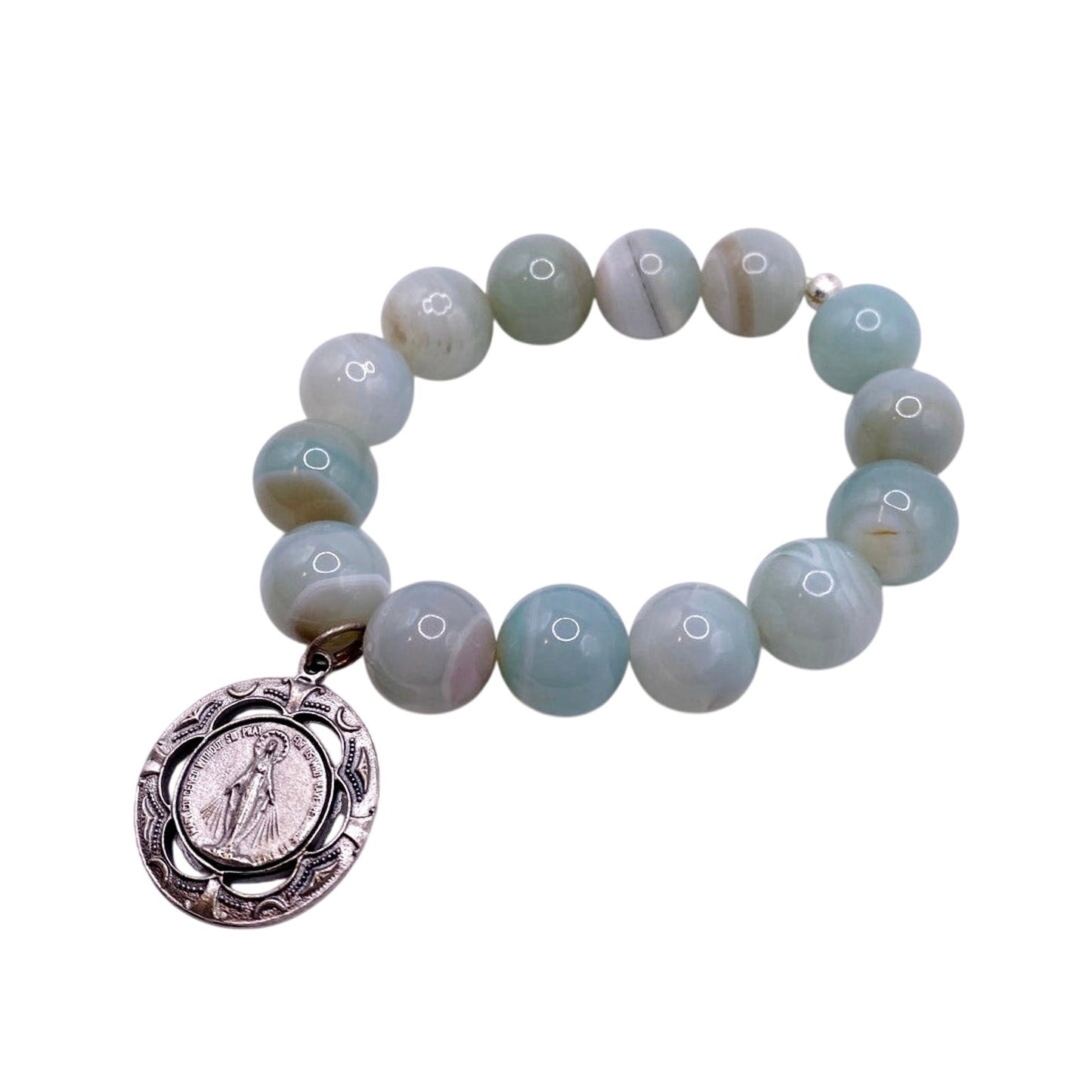 Miraculous Virgin Mary Medal and Caribbean Green Agate Stretchy Bracelet 7”
