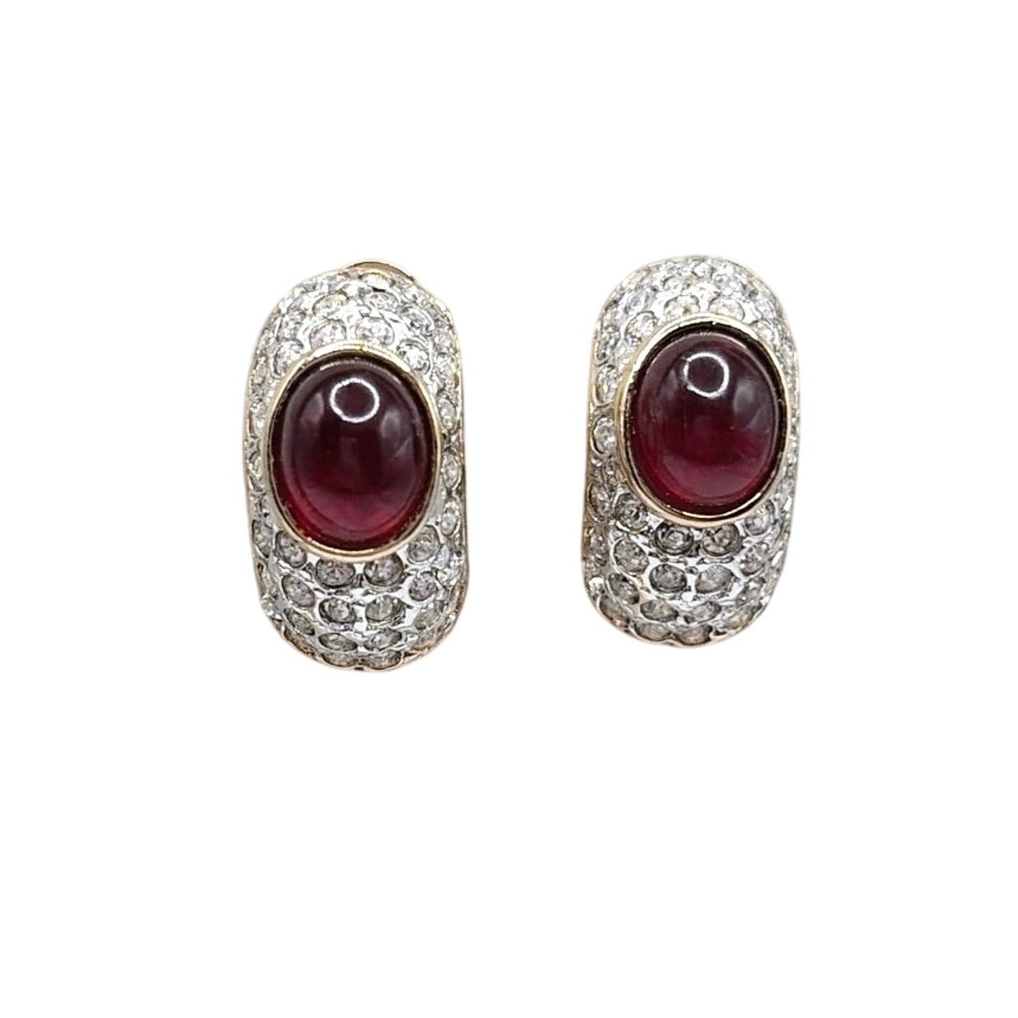 Les Bernard Vintage Clip On Earrings Red Glass Cabochon and Rhinestones 1”