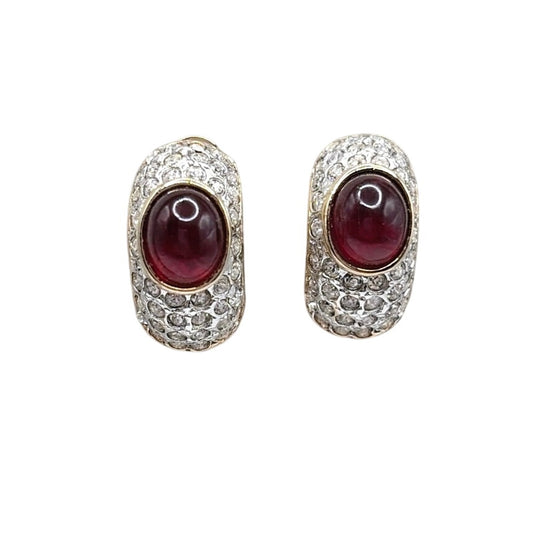 Les Bernard Vintage Clip On Earrings Red Glass Cabochon and Rhinestones 1”
