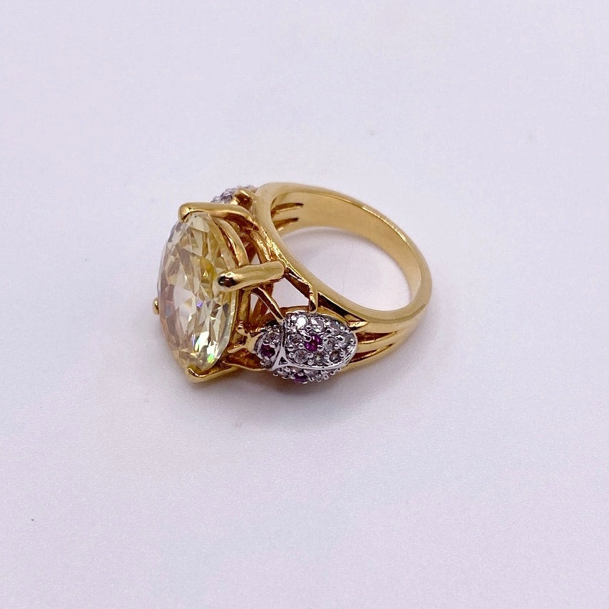 Gold Electroplated Cocktail Ring with Lab Created Rubies and large Yellow Topaz Size 7