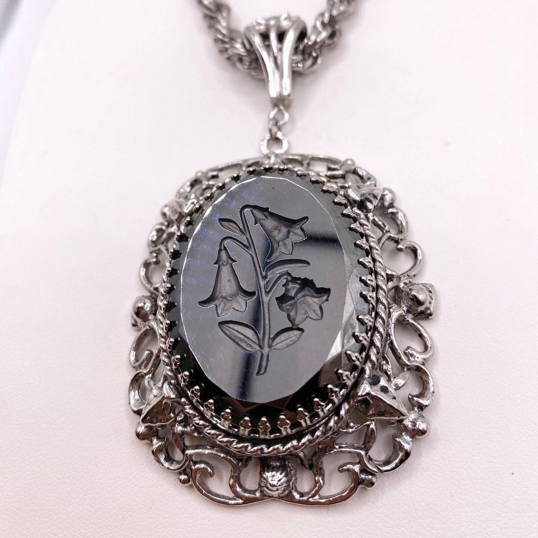 Vintage Whiting Davis Hematite Floral Reverse Cameo 22”