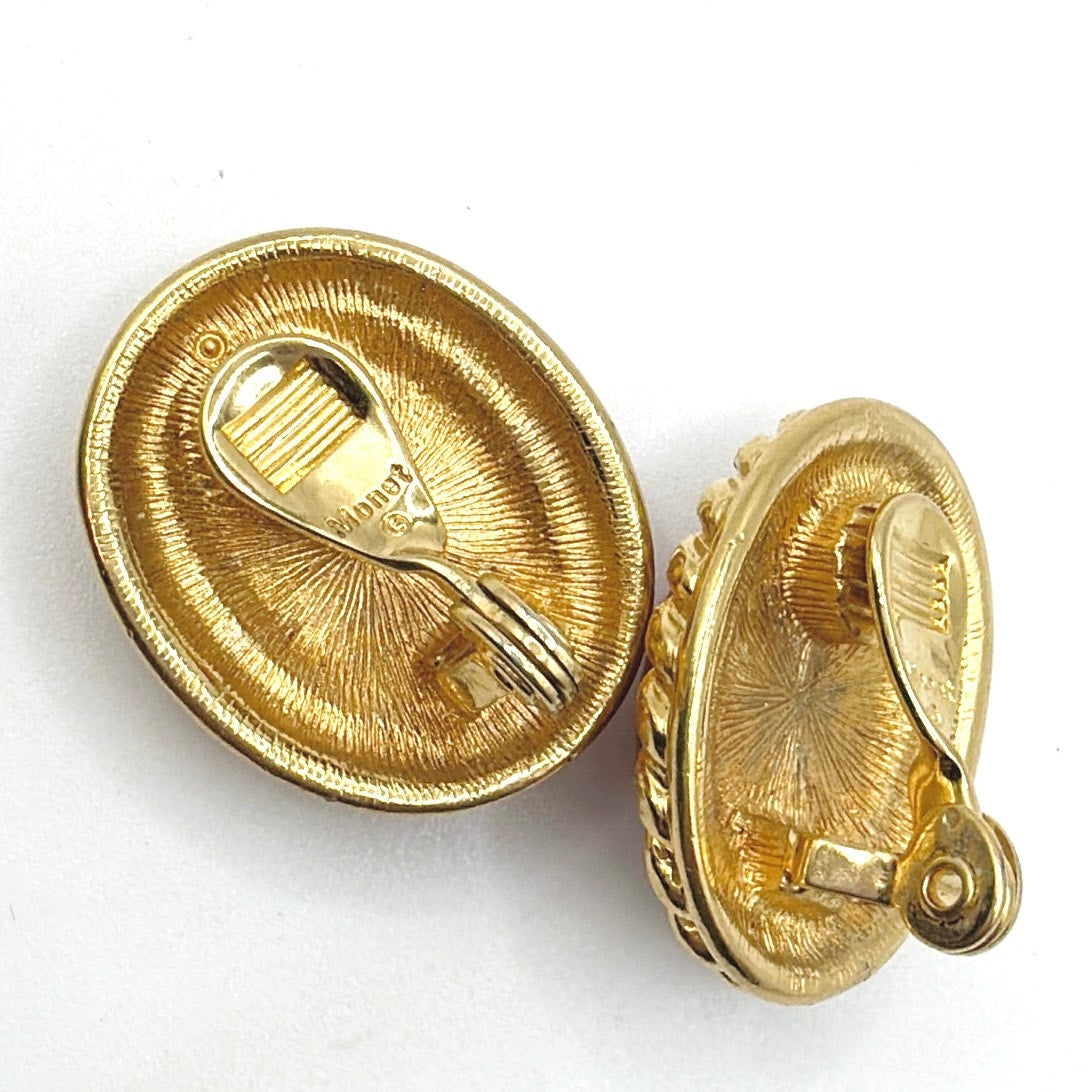 Monet Vintage Clip On Earrings Red Lucite and Gold Tone