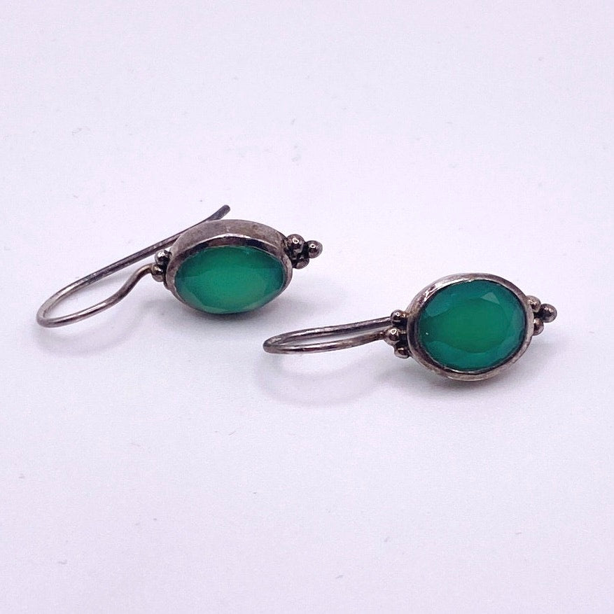Vintage Sterling Silver And Green Onyx Hook Earrings