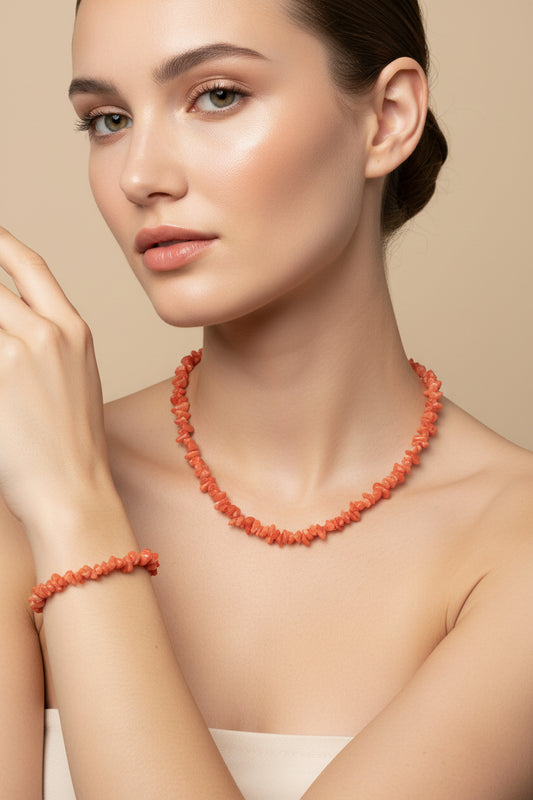 Rare Angel Skin Coral Chip Design with Matching Necklace and Bracelet Set, Necklace Length: 14 Inches, Bracelet Length: 7 Inches - alternate view