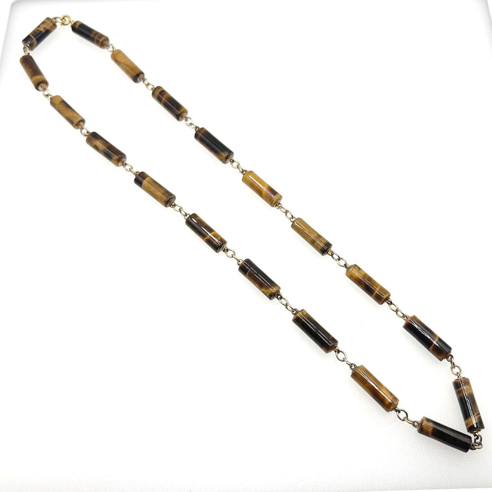 Tiger Eye Retro Barrel Beads Necklace 22”