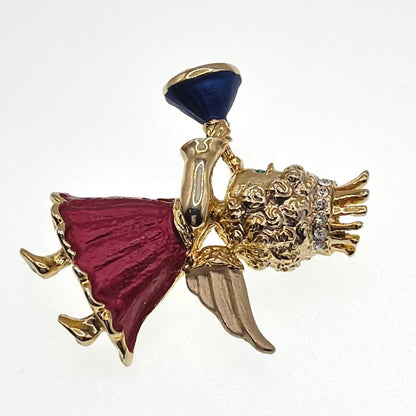 Rhinestones and Enamel Angel with Trumpet Brooch