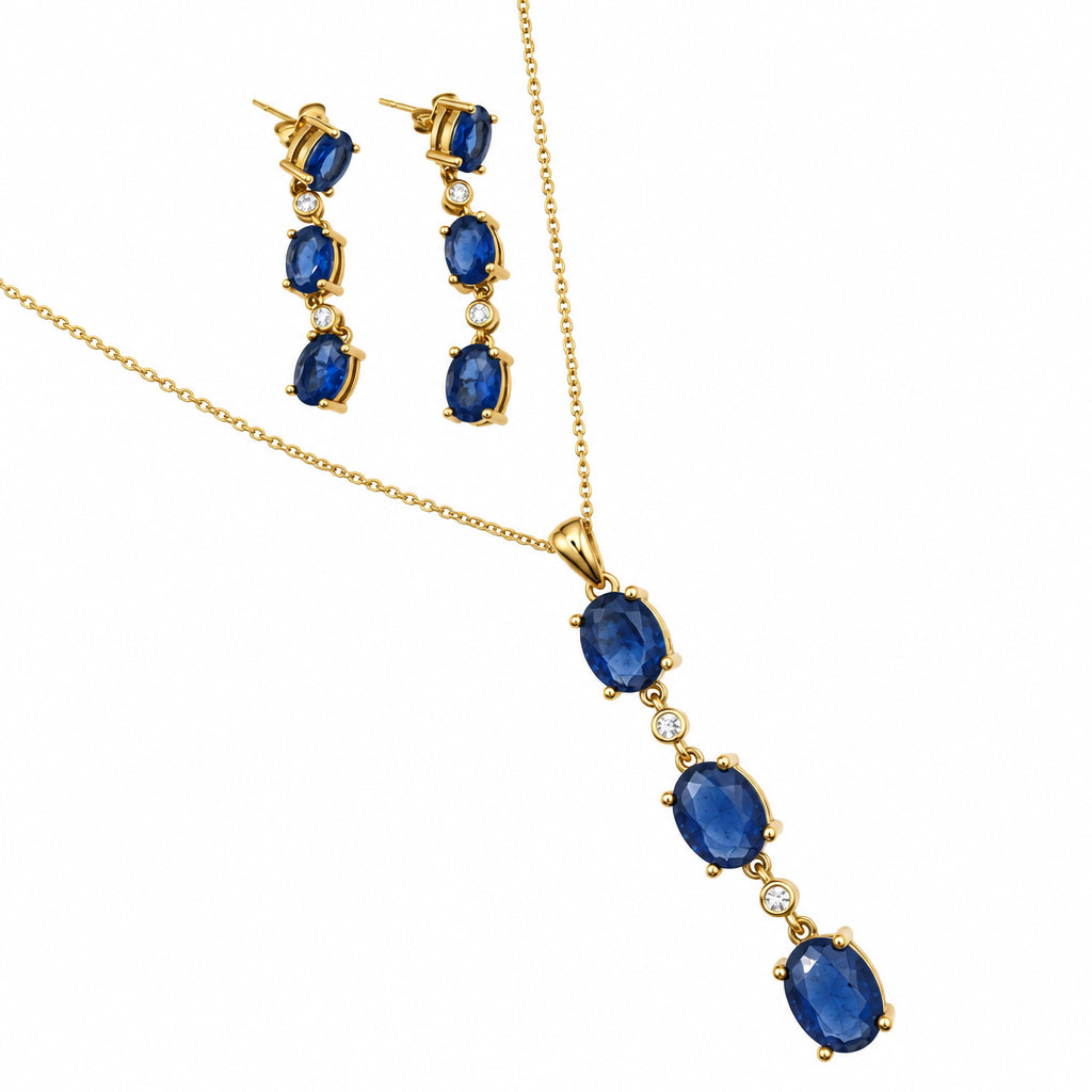 Gold Vermeil Set Necklace 20” Total and Drop Earrings With Blue CZ