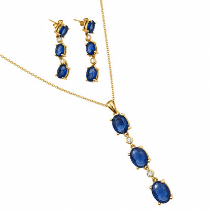 Gold Vermeil Set Necklace 20” Total and Drop Earrings With Blue CZ